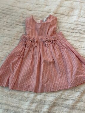 Rachel Riley Pink & White Striped Bow-Accent Dress, 2Y